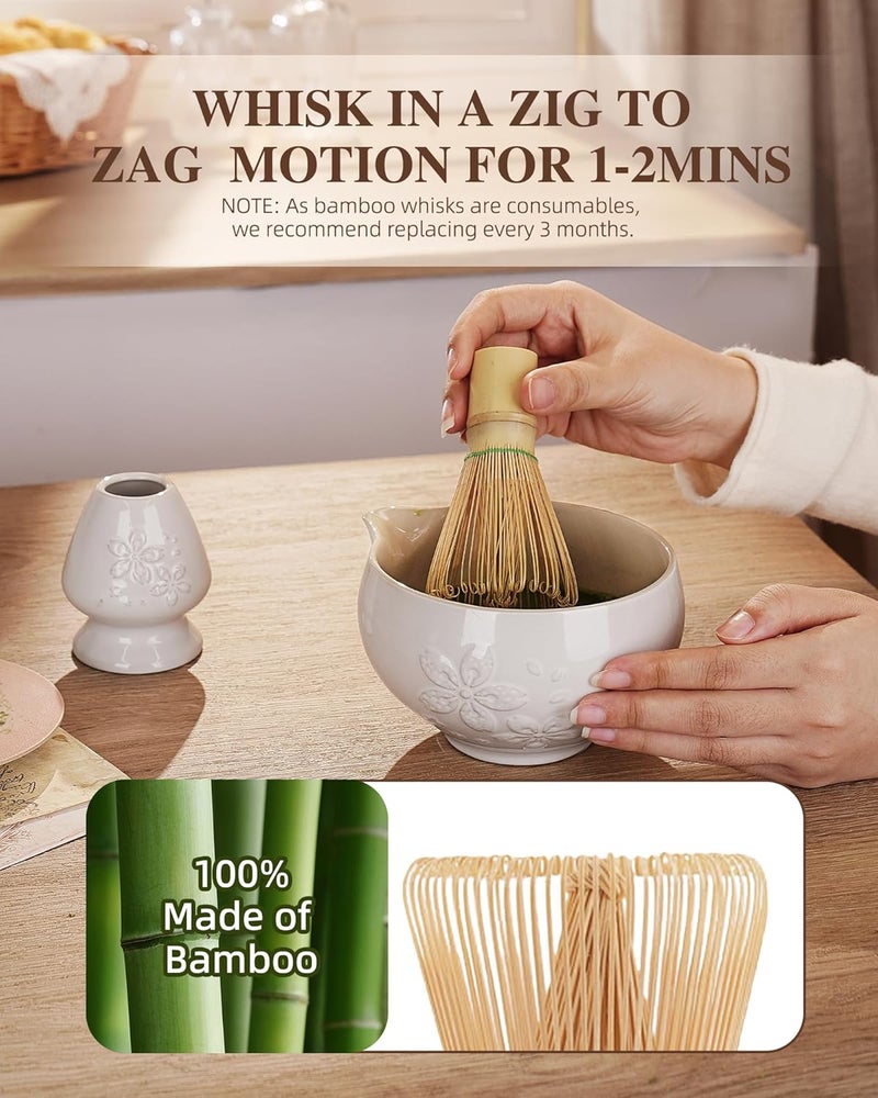 Zens Matcha Whisk Set, Ceramic Matcha Set Includes 15oz Sakura Bowl, Bamboo Whisk & Chasen Holder, Scoop & Sifter-Tea Towel, 6pcs Matcha Kit for Matcha Lovers, White - Image 4